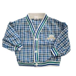 Vintage 1990s Blue & Green Plaid Golf Cardigan Jacket